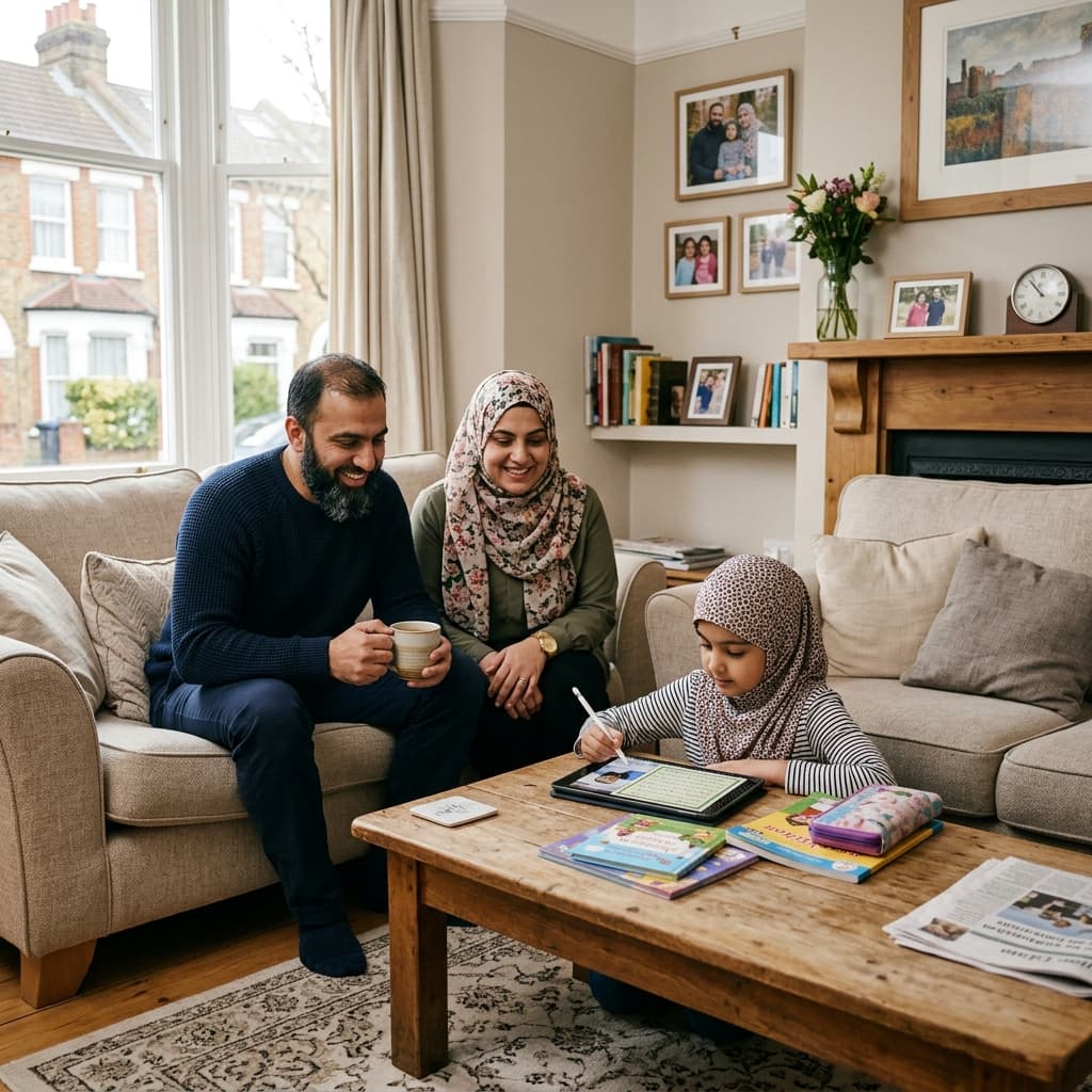 Join our growing community of British Muslim families learning Quran online A British Muslim family sitting together in their living room, smiling and learning Quran online
